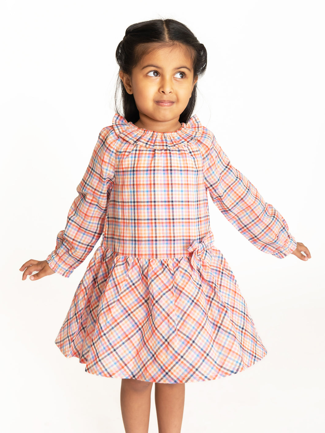 Campana Girls Chloe Full Sleeve Dress - Checks - Orange & Multicolour