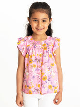 Load image into Gallery viewer, Campana Girls Erika Short Sleeves Button-down Top - Wildflower Print - Pink &amp; Orange
