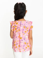 Load image into Gallery viewer, Campana Girls Erika Short Sleeves Button-down Top - Wildflower Print - Pink &amp; Orange
