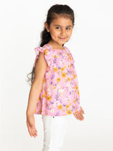 Load image into Gallery viewer, Campana Girls Erika Short Sleeves Button-down Top - Wildflower Print - Pink &amp; Orange
