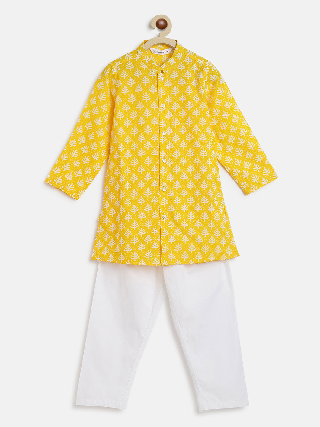 Campana Boys Mrinal Button Down Kurta Pyjama Set - Block Print - Yellow
