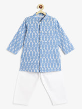 Load image into Gallery viewer, Campana Boys Mrinal Button Down Kurta Pyjama Set - Ikat Print with Kantha - Blue
