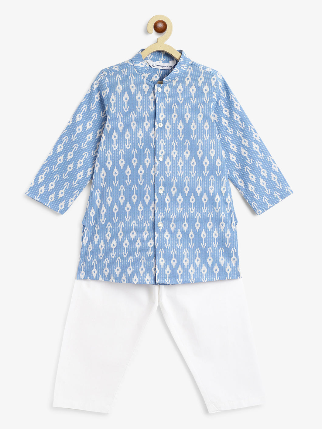 Campana Boys Mrinal Button Down Kurta Pyjama Set - Ikat Print with Kantha - Blue