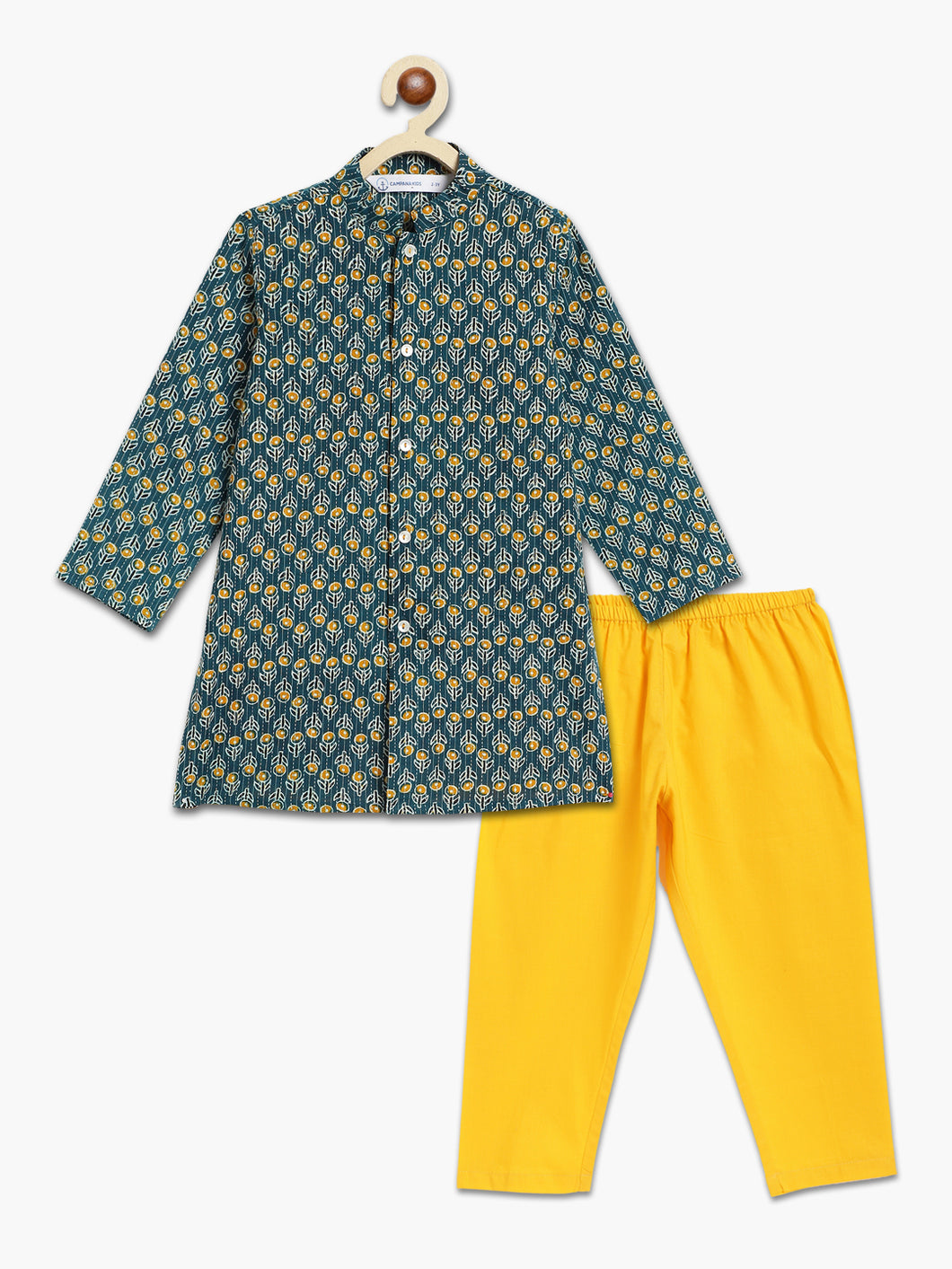 Campana Boys Mrinal Button Down Kurta Pyjama Set - Kantha Block Print - Teal & Yellow