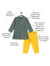 Load image into Gallery viewer, Campana Boys Mrinal Button Down Kurta Pyjama Set - Kantha Block Print - Teal &amp; Yellow
