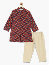 Load image into Gallery viewer, Campana Boys Mrinal Button Down Kurta Pyjama Set - Kantha Block Print - Red Navy &amp; Off White
