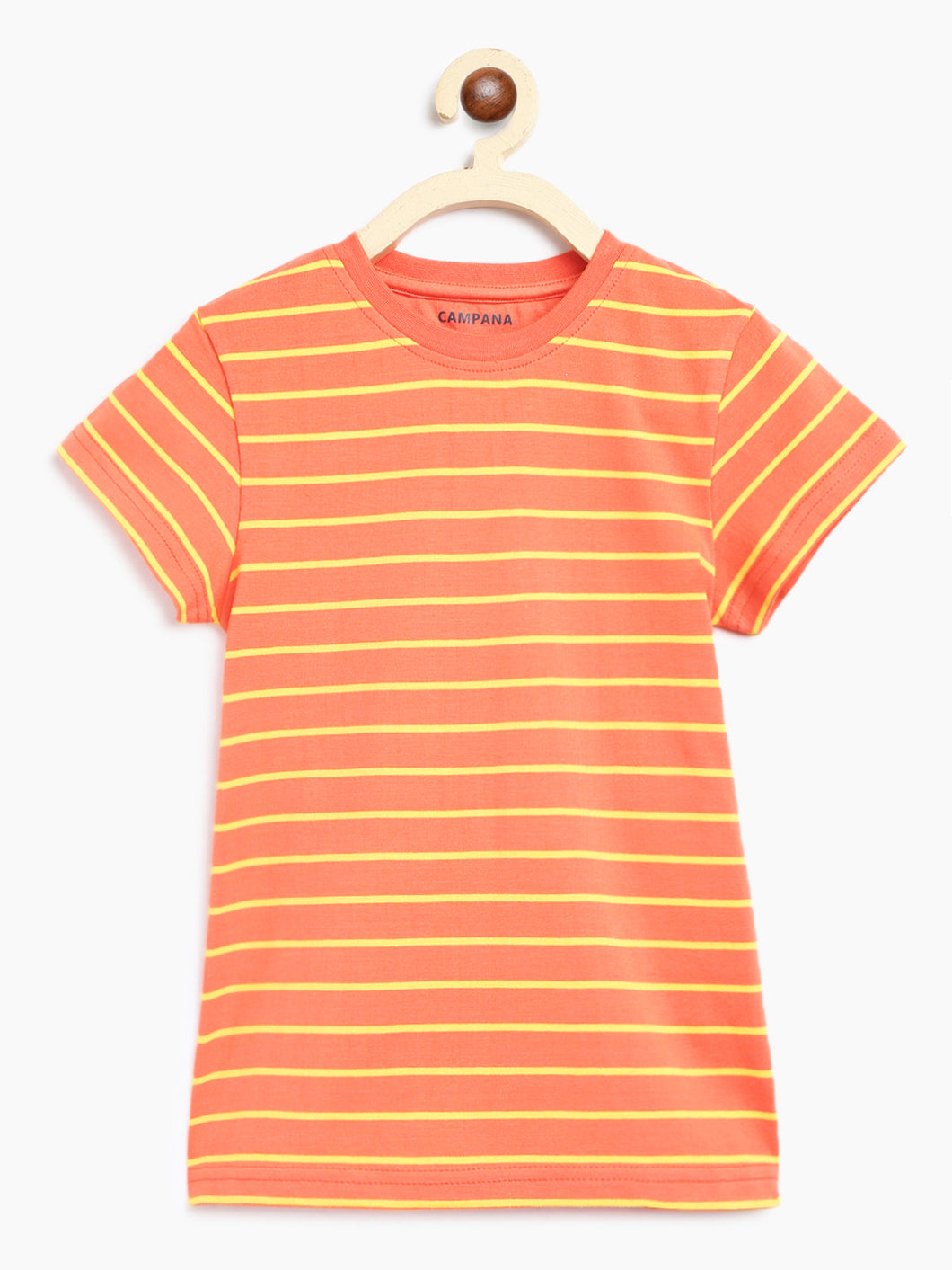 Campana Girls Alexis Half Sleeves Striped Round Neck T-Shirt - Peach & Yellow