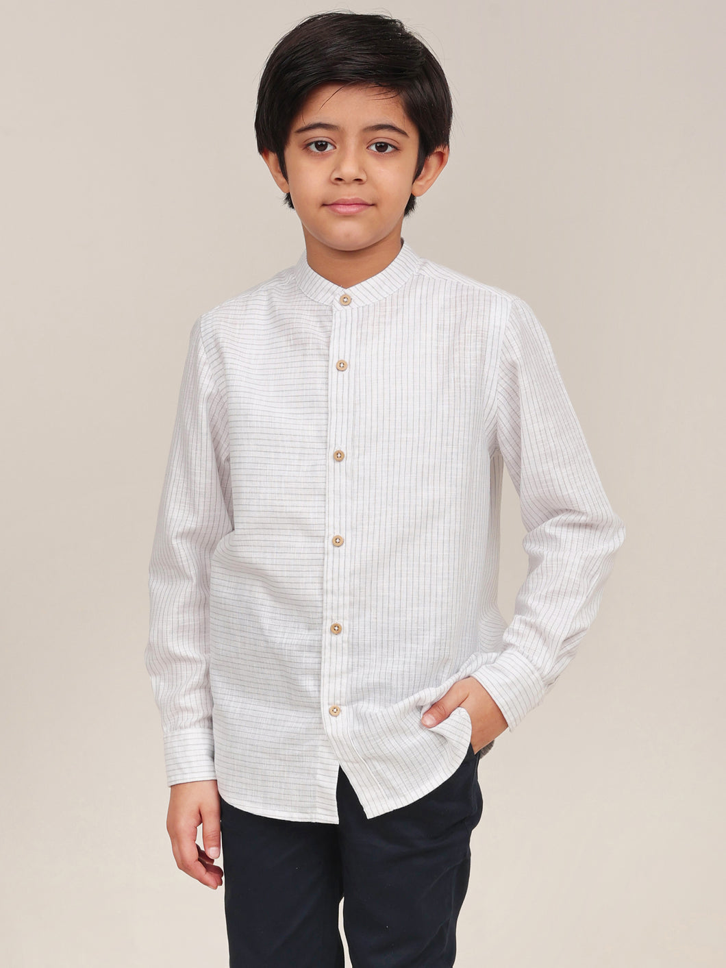 Campana Boys Jon Full Sleeves Striped Cotton Shirt - White