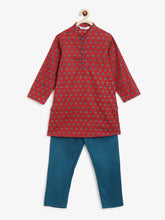 Load image into Gallery viewer, Campana Boys Mehul Kurta Pyjama Set - Festive Blockprint - Red &amp; Green
