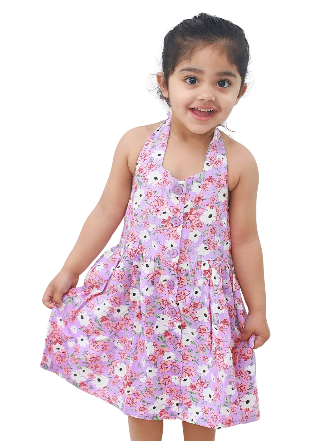 Campana Girls Cheryl Halter Neck Dress - Floral Print - Purple & White