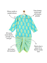 Load image into Gallery viewer, Campana Boys Bansi Dhoti Kurta Set - Buta &amp; Zigzag Print - Blue &amp; Lime Green
