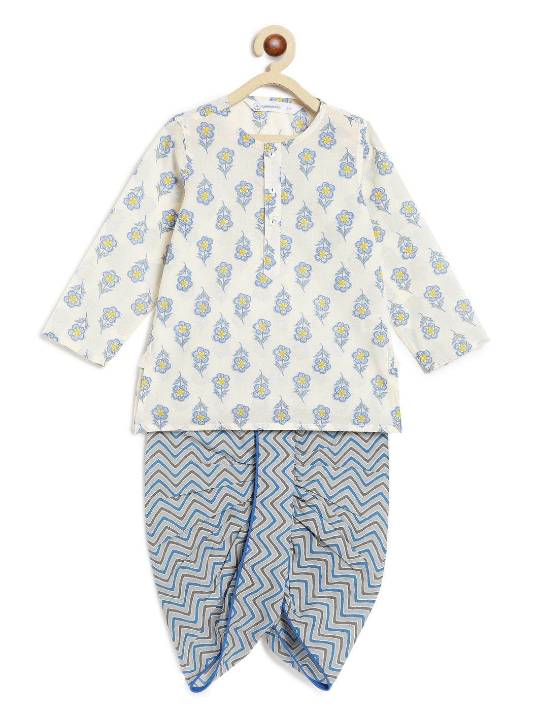 Campana Boys Bansi Dhoti Kurta Set - Flower Stamp Print - White & Blue