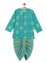 Load image into Gallery viewer, Campana Boys Bansi Dhoti Kurta Set - Geometric Ikkat Print - Green &amp; Blue
