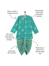 Load image into Gallery viewer, Campana Boys Bansi Dhoti Kurta Set - Geometric Ikkat Print - Green &amp; Blue
