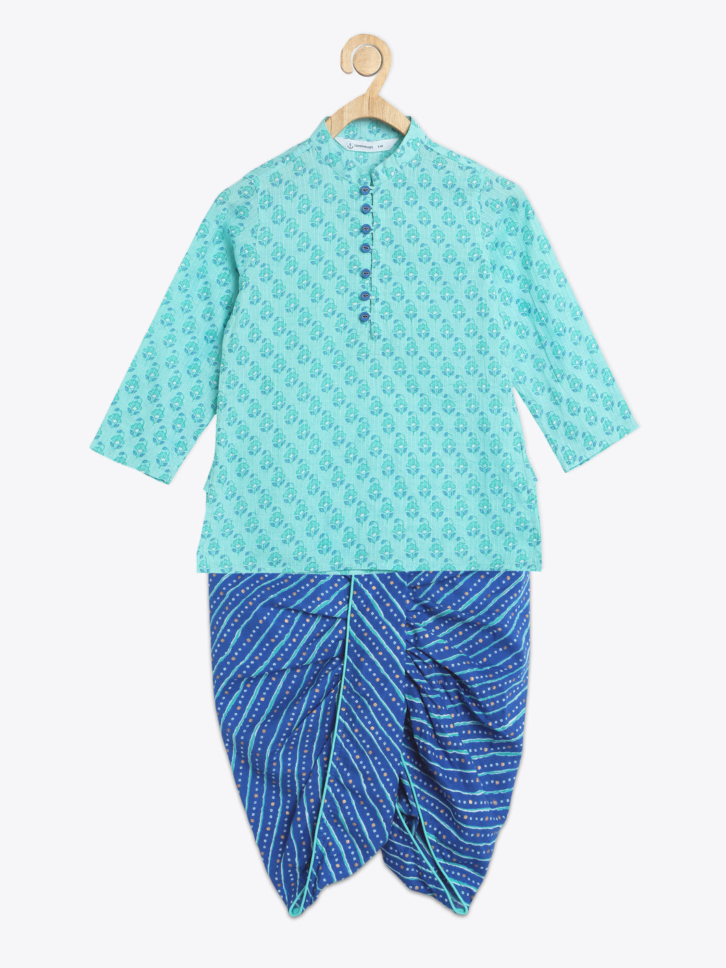 Campana Boys Mehul Dhoti Kurta Set - Block Print - Sea Green & Blue