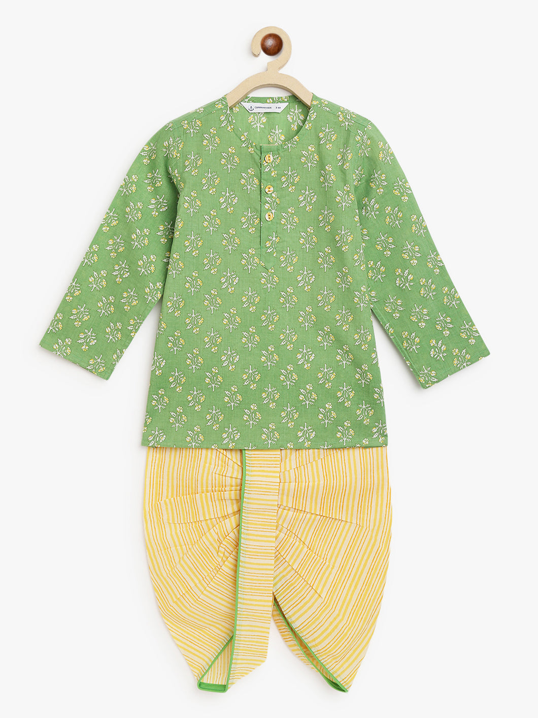 Campana Boys Bansi Dhoti Kurta Set - Garden Print - Green & Yellow