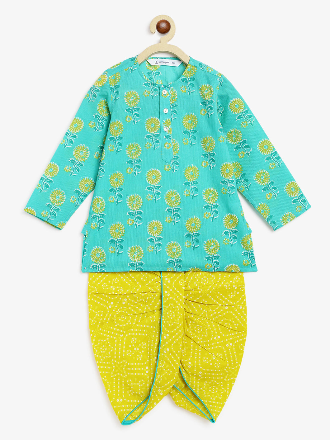 Campana Boys Bansi Dhoti Kurta Set - Marigold Print - Turquoise & Yellow