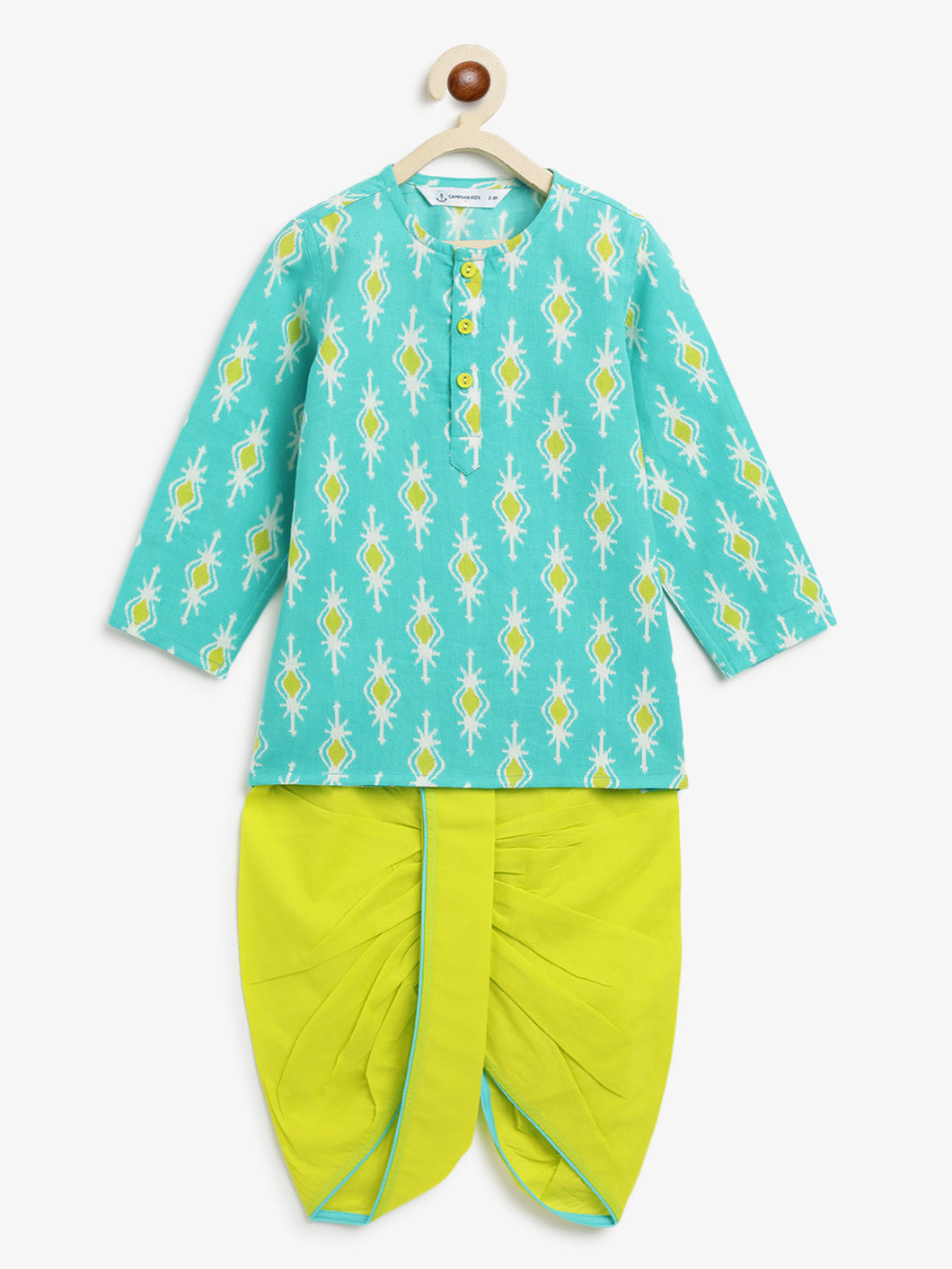 Campana Boys Bansi Dhoti Kurta Set - Ikkat Print - Turquoise & Lime Green