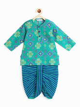 Load image into Gallery viewer, Campana Boys Bansi Dhoti Kurta Set - Geometric Ikkat Print - Sea Green &amp; Blue
