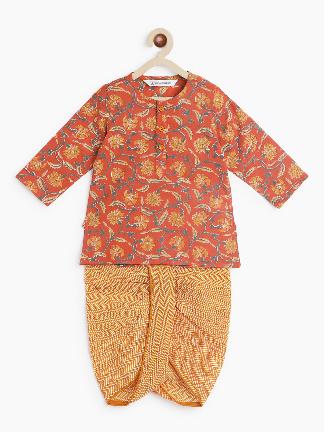 Campana Boys Bansi Dhoti Kurta Set - Floral Jaal Print - Brick Orange & Mustard