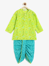 Load image into Gallery viewer, Campana Boys Bansi Dhoti Kurta Set - Bandhini Print - Lime Green &amp; Blue
