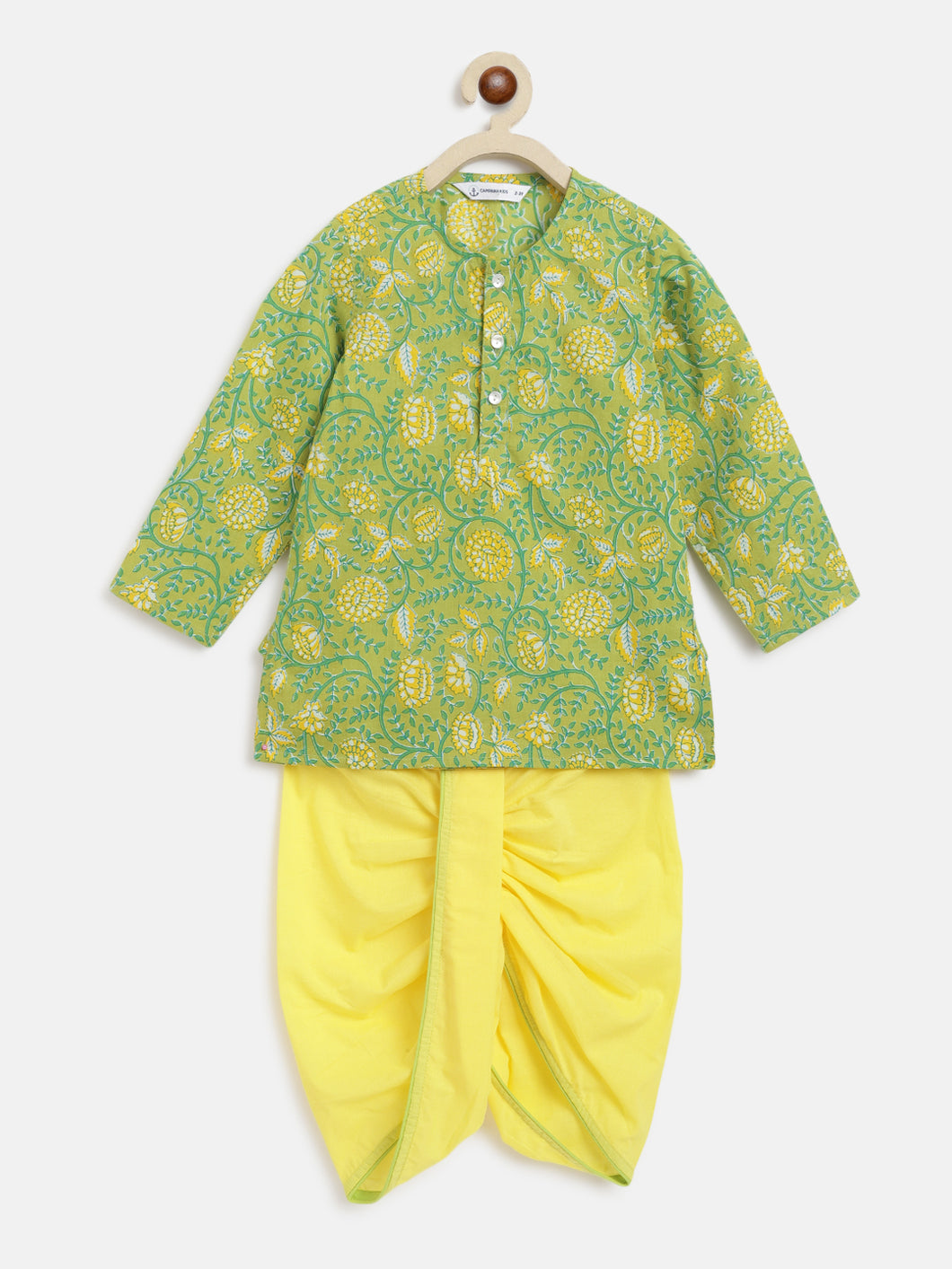 Campana Boys Bansi Dhoti Kurta Set - Seamless Jaal Print - Green & Yellow