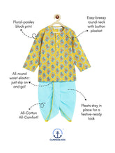 Load image into Gallery viewer, Campana Boys Bansi Dhoti Kurta Set - Paisley Block Print - Yellow &amp; Turquoise
