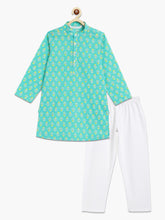 Load image into Gallery viewer, Campana Boys Palash Kurta Pyjama Set - Small Motif Print - Turquoise &amp; White
