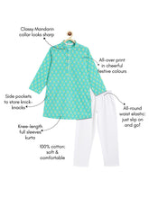 Load image into Gallery viewer, Campana Boys Palash Kurta Pyjama Set - Small Motif Print - Turquoise &amp; White
