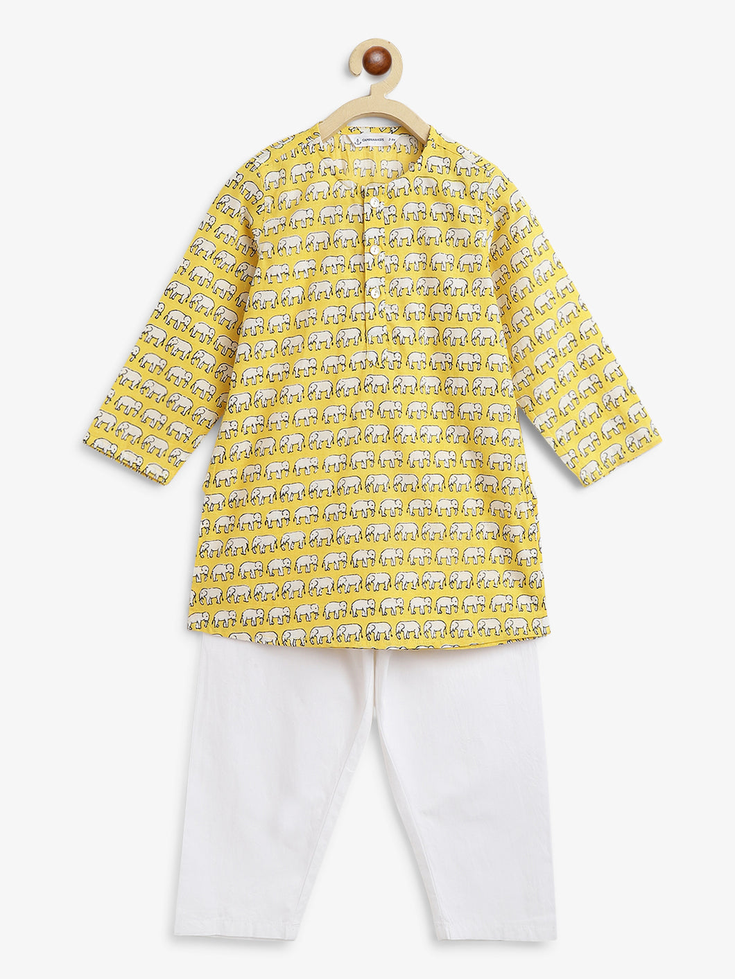 Campana Boys Mrinal Kurta Pyjama Set - Elephant Print - Yellow