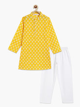 Load image into Gallery viewer, Campana Boys Palash Kurta Pyjama Set - Block Print - Lemon Yellow &amp; White
