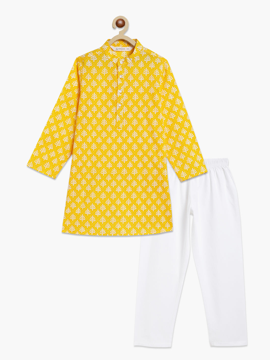 Campana Boys Palash Kurta Pyjama Set - Block Print - Lemon Yellow & White