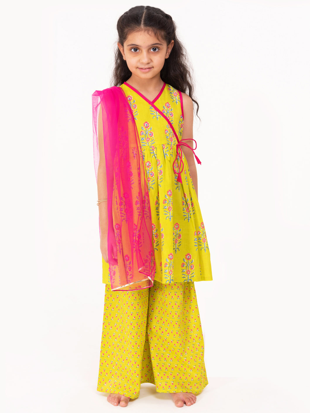 Campana Girls Falak Palazzo Set - Boota Blockprint - Lime Green