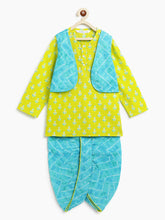 Load image into Gallery viewer, Campana Boys Mahiya Dhoti Kurta with Jacket Set - Block Print &amp; Bandhini - Lime &amp; Turquoise
