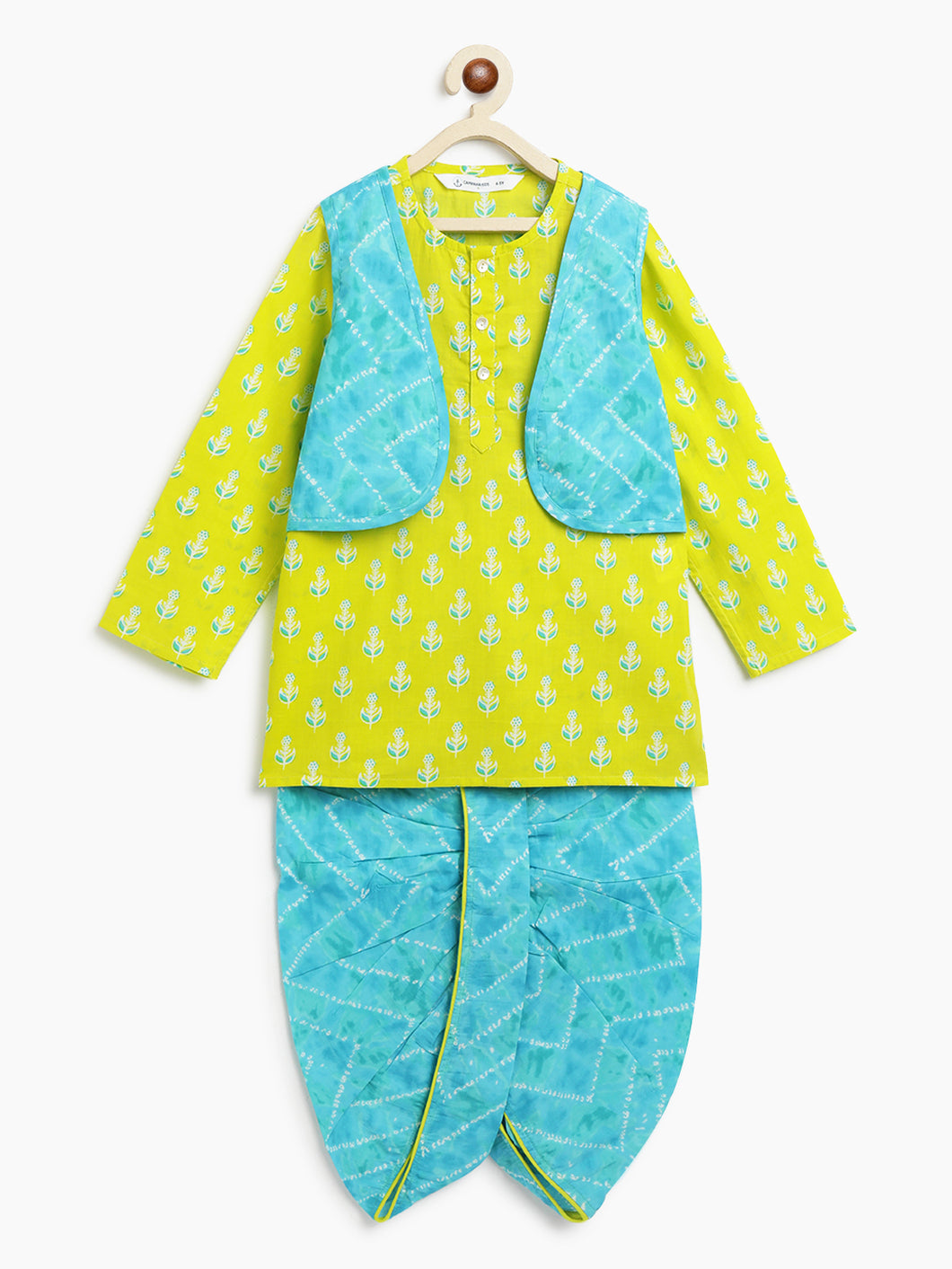 Campana Boys Mahiya Dhoti Kurta with Jacket Set - Block Print & Bandhini - Lime & Turquoise