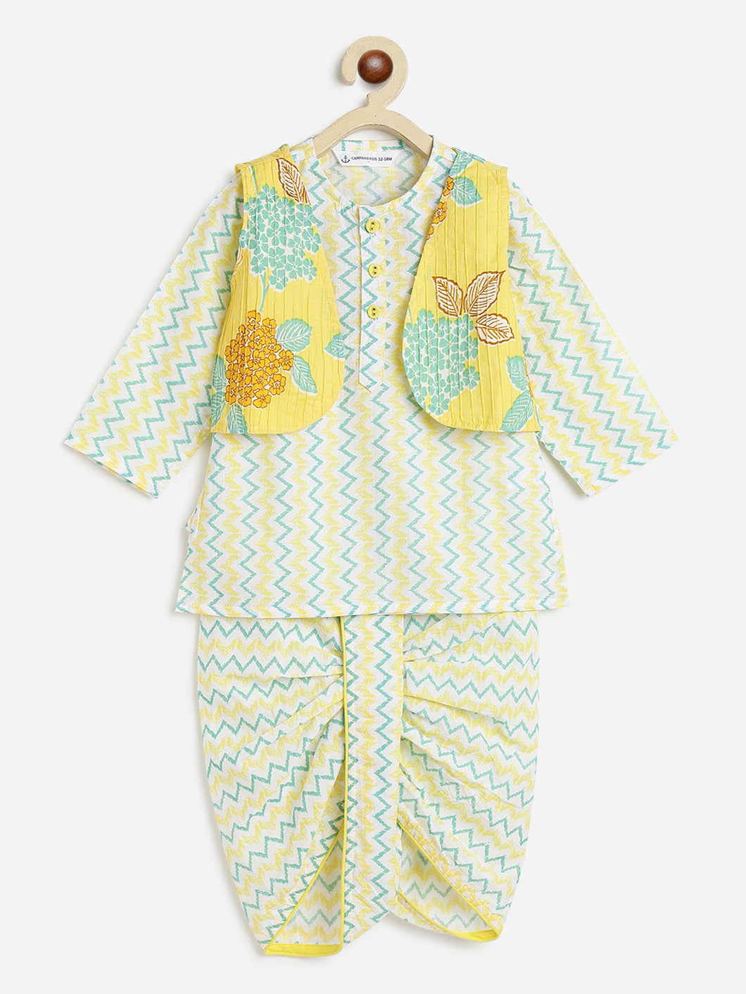 Campana Boys Mahiya Dhoti Kurta with Jacket Set - Chevron & Pintucks- Lemon Yellow