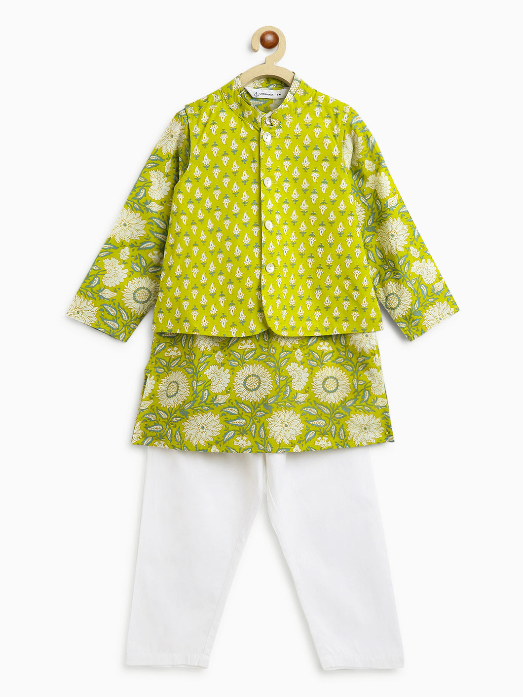 Campana Boys Nishant Kurta Pyjama with Jacket Set - Paisley & Floral Print- Lime Green