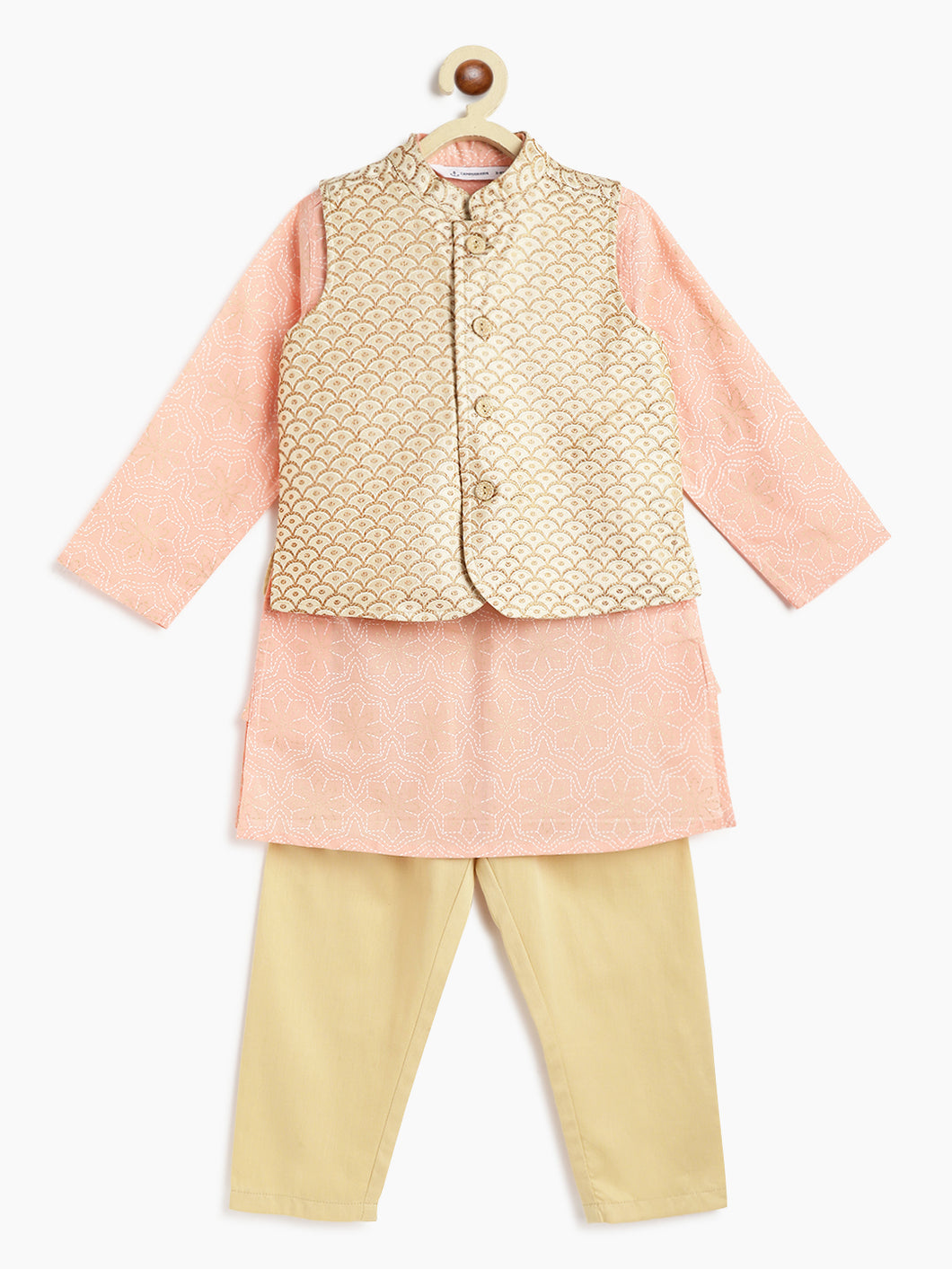 Campana Boys Nishant Kurta Set with Jacket - Foil Print - Gold & Pink