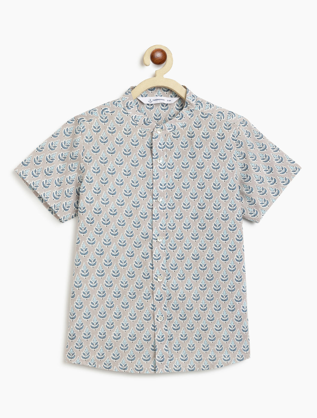 Campana Boys Mandarin Collar  Cotton Shirt - Block Print - Grey & Blue