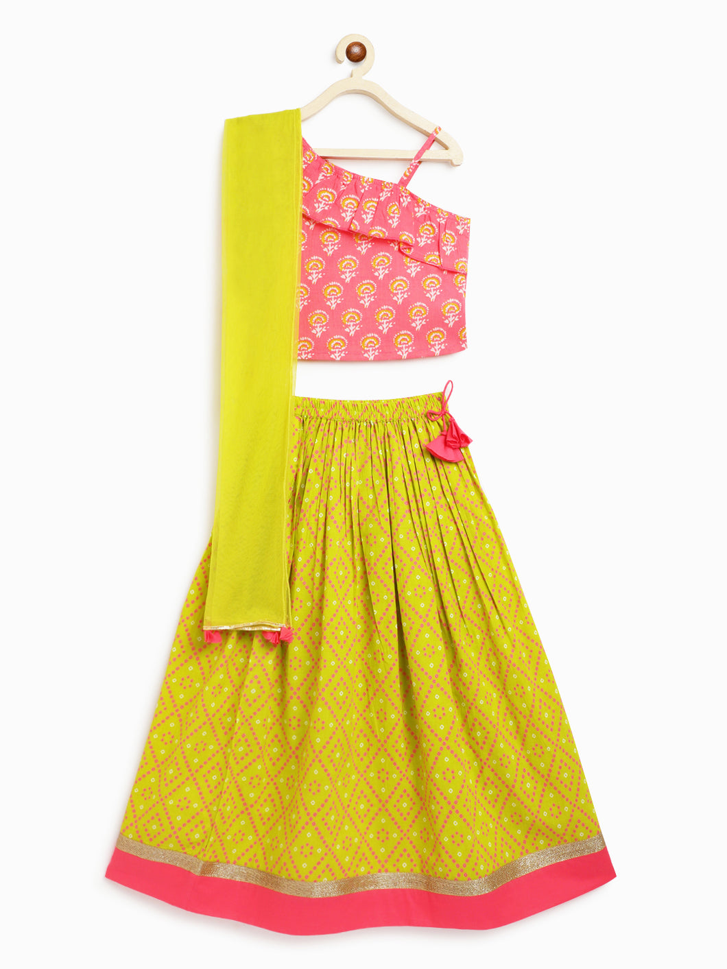 Campana Girls Shama One Shoulder Choli with Lehenga & Dupatta Set - Block Print & Bandhini - Peach & Lime Green