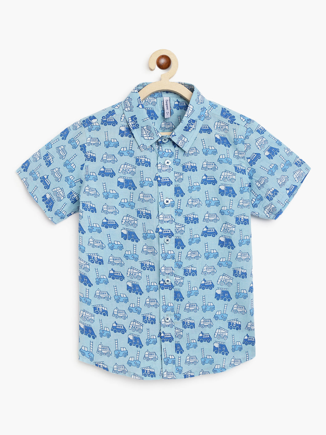 Campana Boys Yuki Short Sleeve Cotton Shirt - Fire Truck Print - Sky Blue