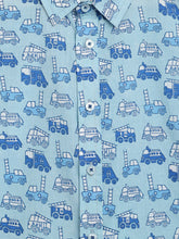 Load image into Gallery viewer, Campana Boys Yuki Short Sleeve Cotton Shirt - Fire Truck Print - Sky Blue
