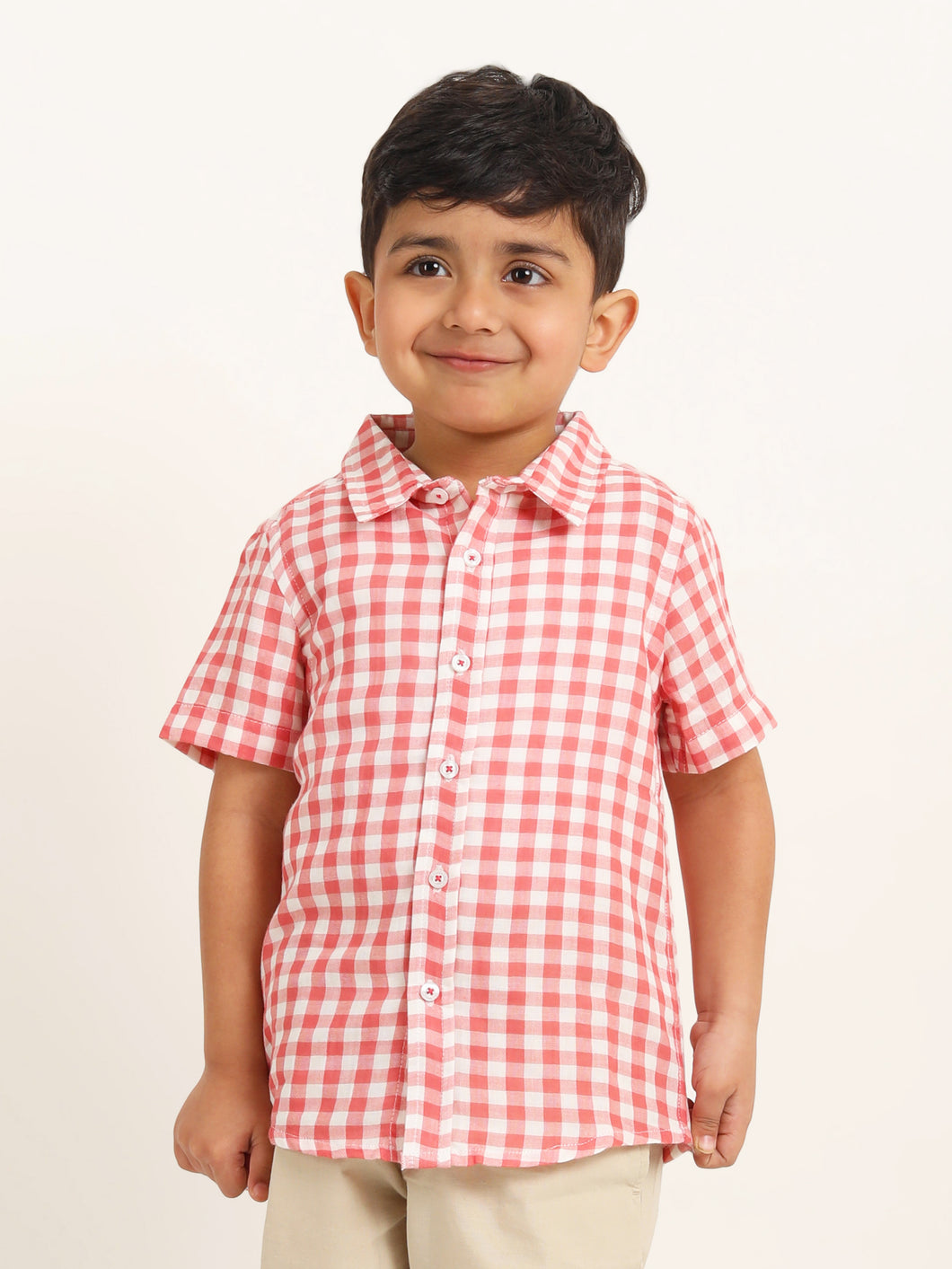 Campana Boys Yuki Short Sleeve Cotton Shirt - Checks - Red & White