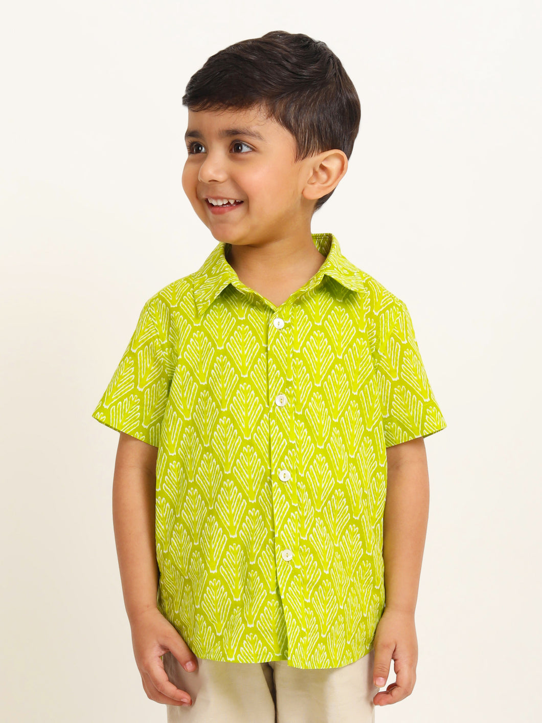 Campana Boys Yuki Short Sleeve Cotton Shirt - Leaf Print - Green