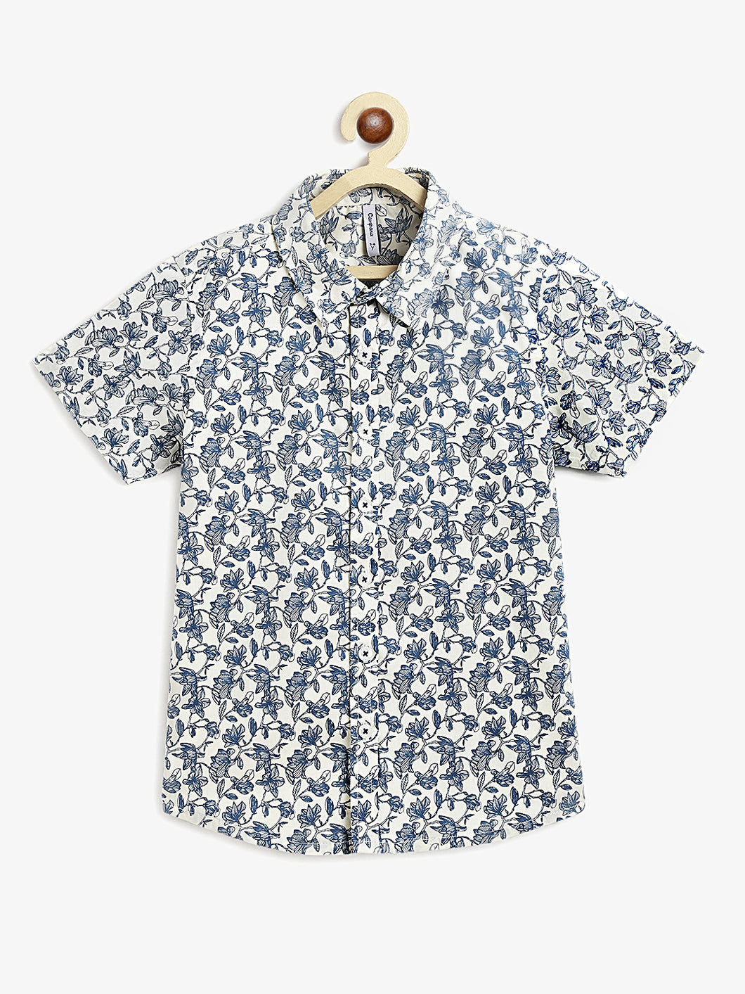 Campana Boys Yuki Short Sleeve Cotton Shirt - Tropical Print - White & Blue