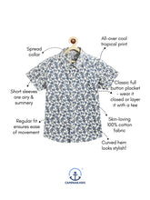 Load image into Gallery viewer, Campana Boys Yuki Short Sleeve Cotton Shirt - Tropical Print - White &amp; Blue
