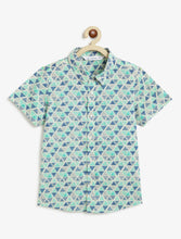 Load image into Gallery viewer, Campana Boys Yuki Short Sleeve Cotton Shirt - Triangle Print - Blue &amp; Green
