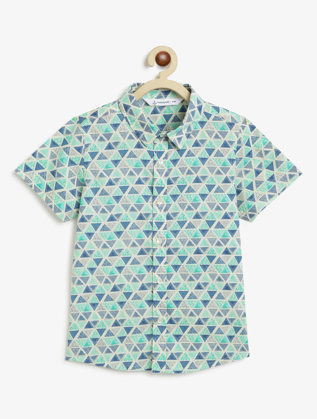 Campana Boys Yuki Short Sleeve Cotton Shirt - Triangle Print - Blue & Green