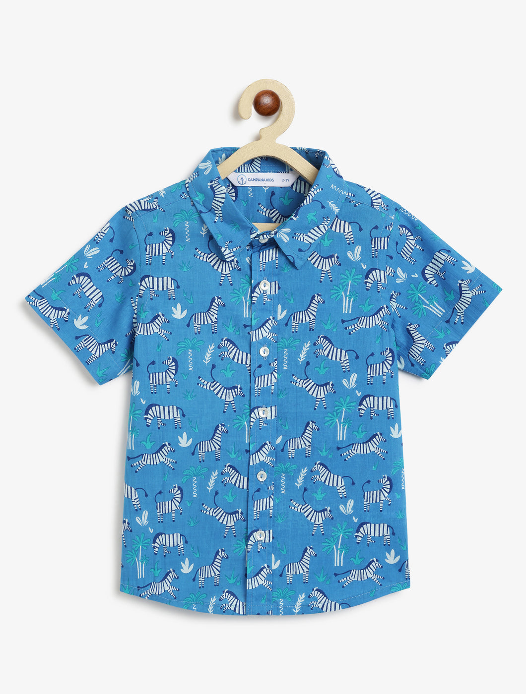 Campana Boys Yuki Short Sleeve Cotton Shirt - Zebra Print - Blue