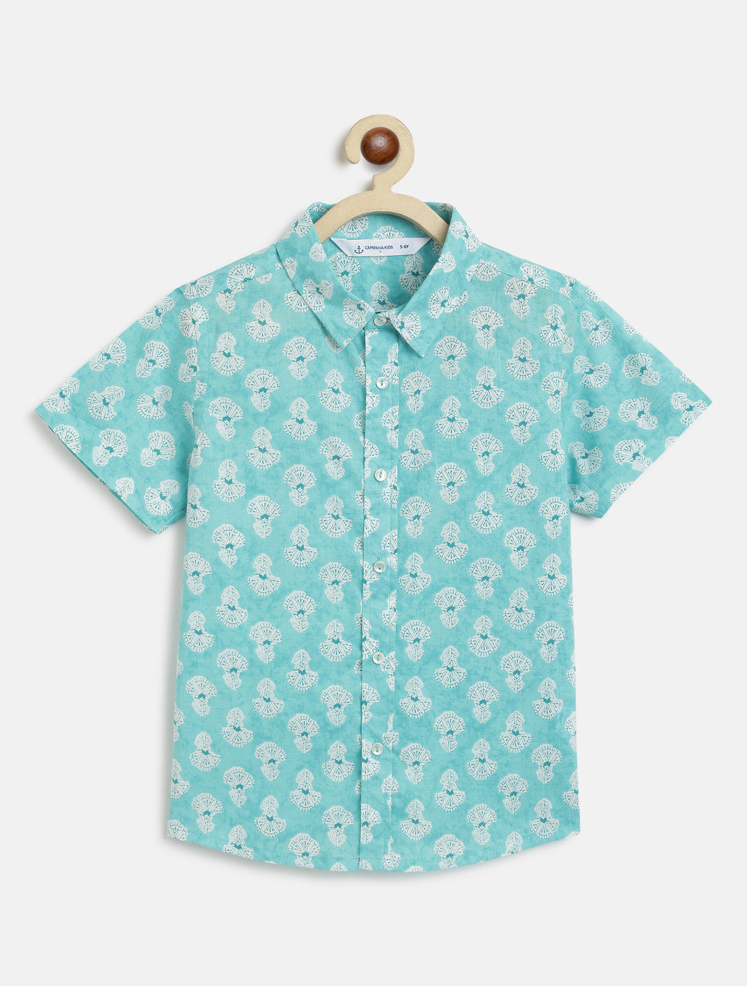 Campana Boys Yuki Short Sleeve Cotton Shirt - Block Print - Sky Blue